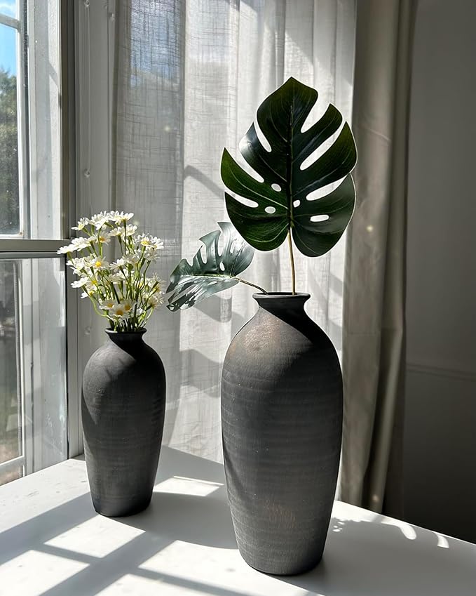 Ceramic Vases for Home Decor, Black Bronze Ceramic Vase Set of 2, Vintage Minimalist Decorative Vase for Table Centerpiece Dining Living Room Office House Nightstand Fireplace Decoration