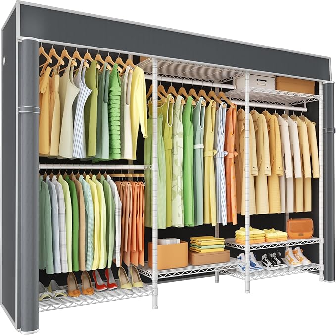 Ulif E13C Heavy Duty Closet Organizer System，Freestanding Clothing Racks for Hanging Clothes，Adjustable Garment Rack 63" W x 16" D x 77" H Hold 960 lbs，White Clothing Rack with Grey Dustproof Cover
