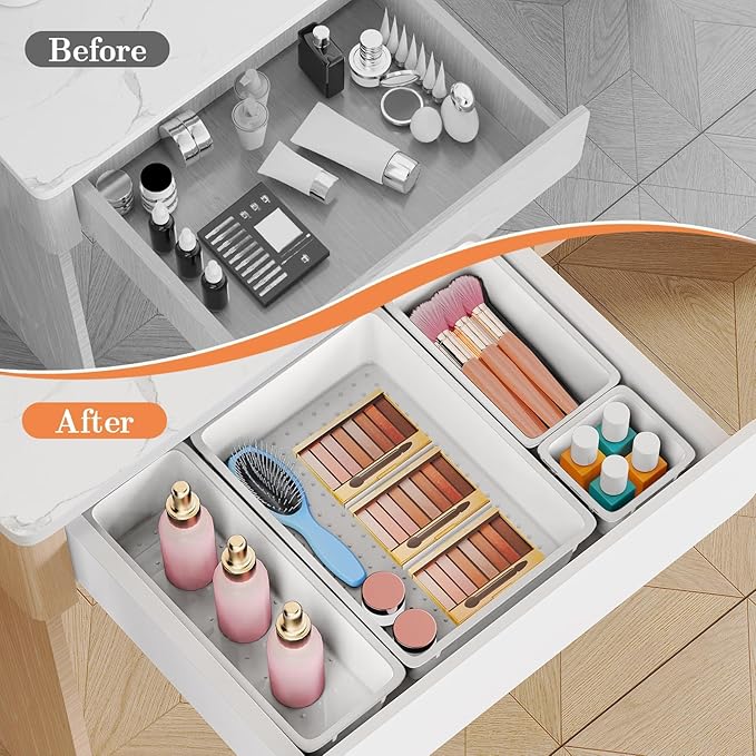 25 PCS Plastic Drawer Organizer Set, 4-Size Versatile Organizer Trays & storage Bins for Makeup, Jewelry, and Gadgets in Bathroom, Bedroom and Office, White
