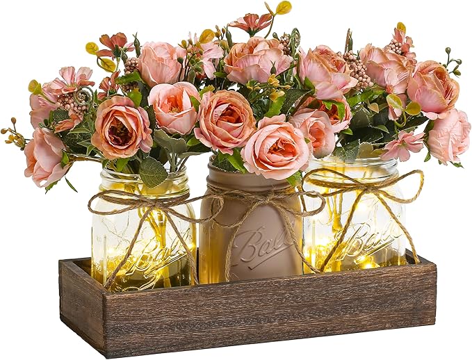 3 Pcs Mason Jar Centerpiece Table Decorations for Dining Table Decor Farmhouse Coffee Table Decor with Wood Tray and Led Light Table Centerpieces for Dining Room Kitchen Living Bathroom,Pink