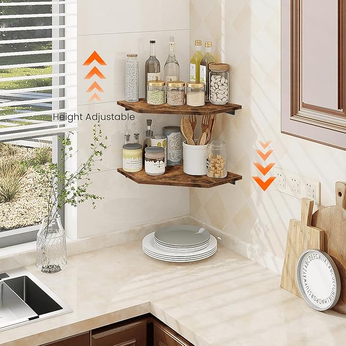 Homode Corner Shelf Wall Mount, Set of 2 Floating Corner Shelf Organizer for TV Accessories, Speaker, Cable Box, Game Console, Storage for Bathroom Kitchen Living Room Bedroom, Rustic Brown