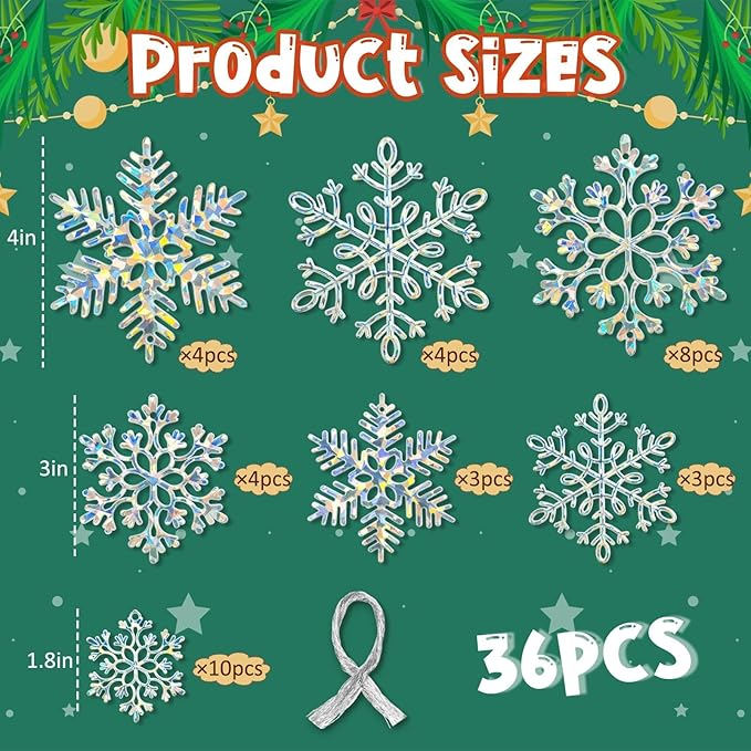 36 Pack Christmas Ornaments Snowflakes Decorations - Iridescent Plastic Snowflakes Hanging Decorations for Winter Holiday Christmas Birthday Party Decoration Supplies