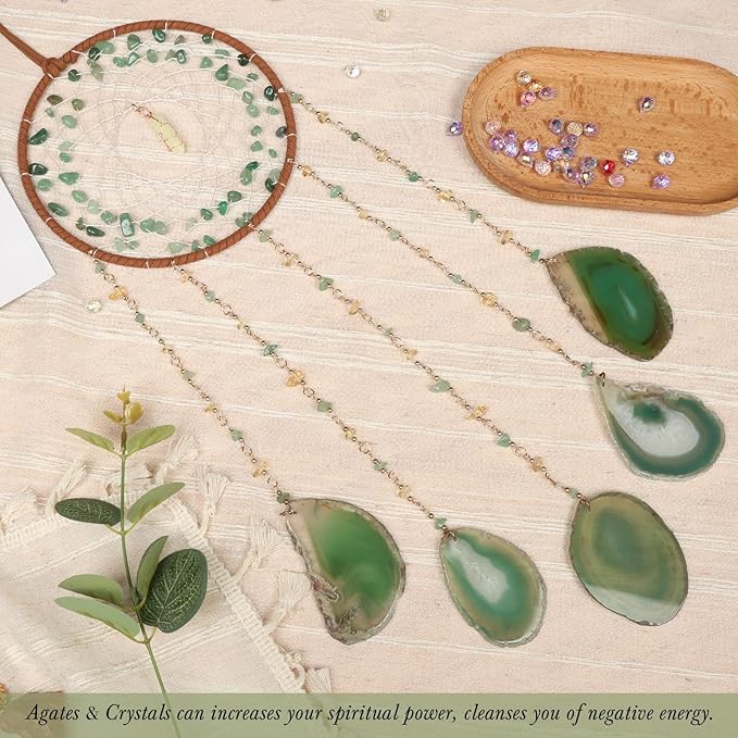 Green Aventurine Gemstone Agate Large Dream Catcher Chakra Dream Catcher with Crystals Handmade Dreamcatcher Wall Decor for Adults Boys Girls Bedroom Garden Bless Gift
