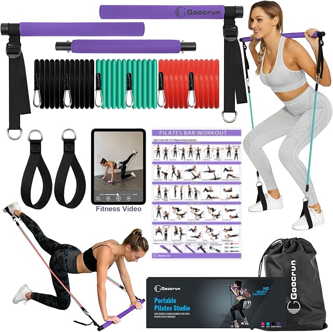 Portable Pilates Bar Kit with Resistance Bands for Men and Women - 3 Set Exercise Resistance Bands - Multifunctional Home Gym - Supports Full-Body Workouts – with Fitness Poster and Video