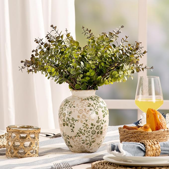 Ceramic Rustic Vase, Green and Beige Flower Vintage Decorative Vase Chinoiserie Decor Rustic Farmhouse Retro Floral Vases for Table Bookshelf Mantel Kitchen Living Room Office- 7.8inch