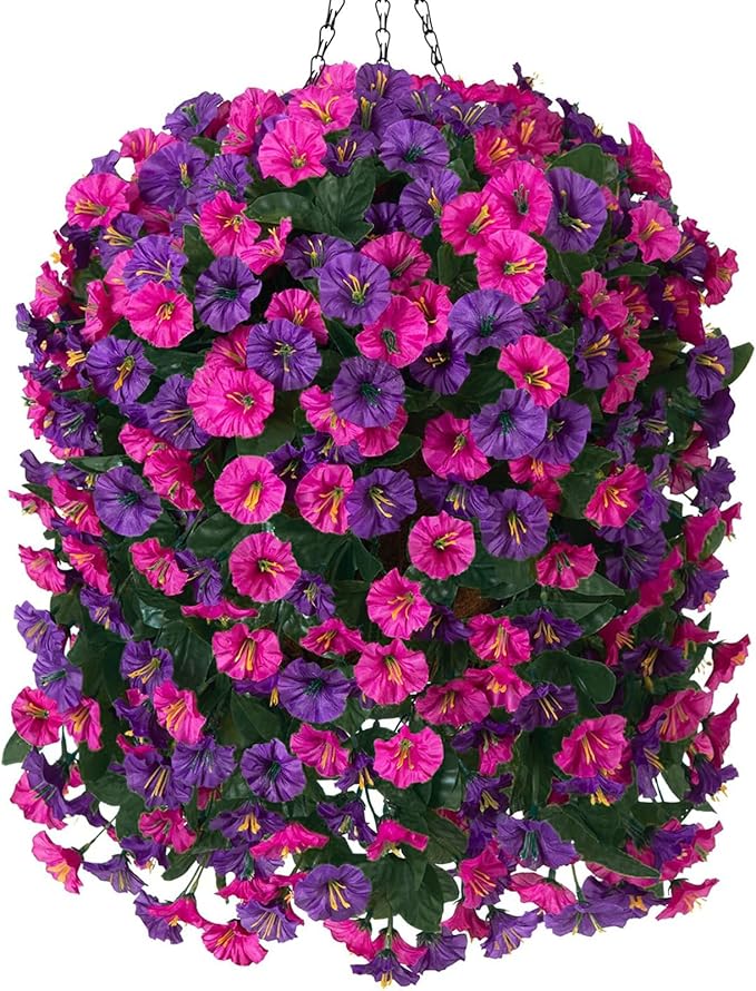 Artificial Fake Flowers Plants Hanging Baskets for Outdoor Outside, Faux Silk Hanging Dark Purple and Fuchsia Morning Glory Trailing Vines UV Resistant Look Real for Porch Patio Home Decoration