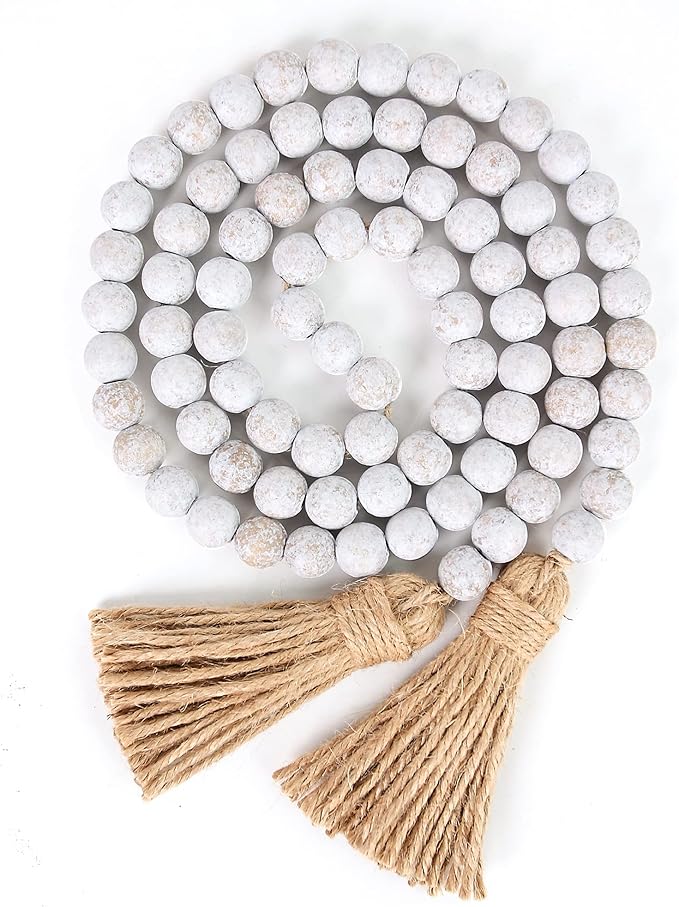 58in Wood Bead Garland with Tassels, Farmhouse Rustic Country Decor Prayer Boho Wall Hanging Decoration (Whitewash)