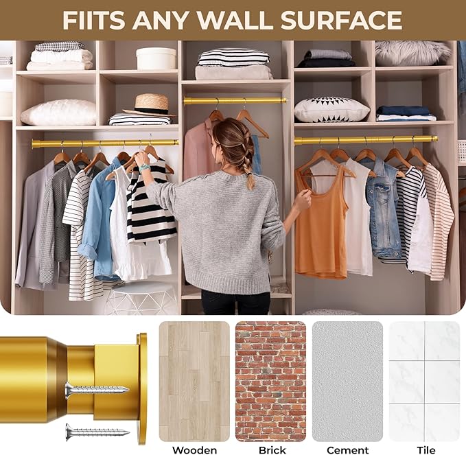 Mavivegue Closet Rod, 17 to 43 Inch Gold Adjustable Closet Rods for Hanging Clothes, Hanging Rod for Closet Wardrobes Laundry RV, Bathroom