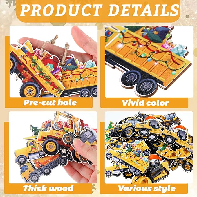 Suzile 36 Pcs Christmas Wooden Ornaments Christmas Construction Truck Ornaments Decoration Vintage Excavator Tree Decoration Construction Truck Hanging Crafts for Farmhouse Home Xmas Party Decor