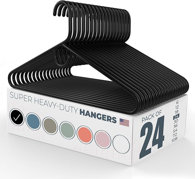 USA-Made Super Heavy-Duty Plastic Hangers Black (12, 18, 24, 30, 36, 72 Packs) - Non-Slip Heavy-Duty Plastic Clothes Hangers with Accessory Hook for Suits, Coats, Dress, Shirts, or Belts (24 Pack)
