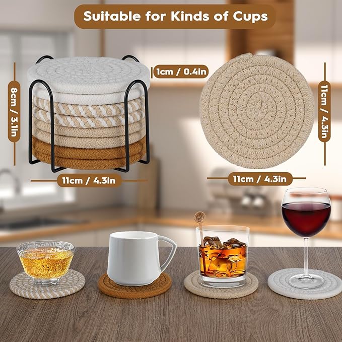 8 Pcs Drink Coasters with Holder, Boho Minimalist Cotton Woven Coasters Set for Drinks Absorbent Coffee Table Home Decor Bar Tabletop Protection, Suitable for Kinds of Cups 4.3 Inch