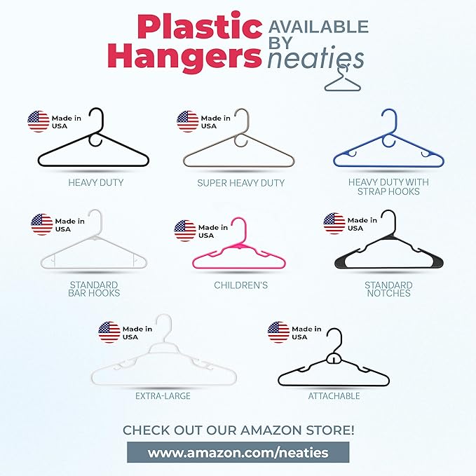 Neaties Plastic Hangers 50 Pack (60 Count) – Made in The USA – 6lb Capacity Standard Clothes Hangers with Strap Hooks for Dresses, Lingerie, Shirts, Pants, and Jackets – White & Black