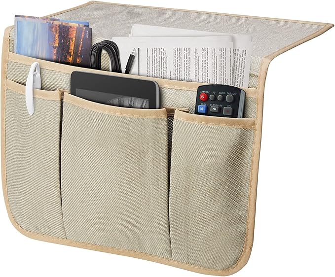 Bedside Caddy Bedside Storage Organizer Magazine Phone Tablet iPad Remote Holder, Organizer Caddy for Home College Dorm Bed, Sofa, Bunk Bed (Pale Khaki)