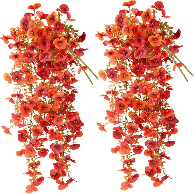 Artificial Fall Flowers for Outdoor, 4 Pcs Faux Pansy Fake Mums Plant Hanging Flowers Outdoor Fall Decor, UV Resistant Silk Flower for Front Door Porch Planter Patio Yard Garden(Orange Autumn Red)