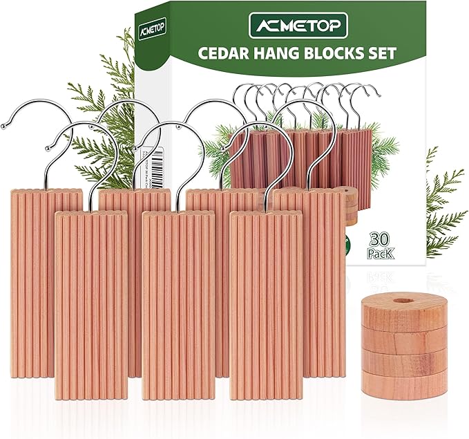 ACMETOP 30 Pack Cedar Hang Ups, 10 Rectangular Blocks + 10 Hooks + 20 Round Blocks