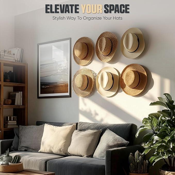Modern JP Adhesive Hat Hooks for Wall (12-Pack) - Cowboy Hat Rack, Wide Brim Hat Organizer, Strong Hold Hat Hangers for Wall - White
