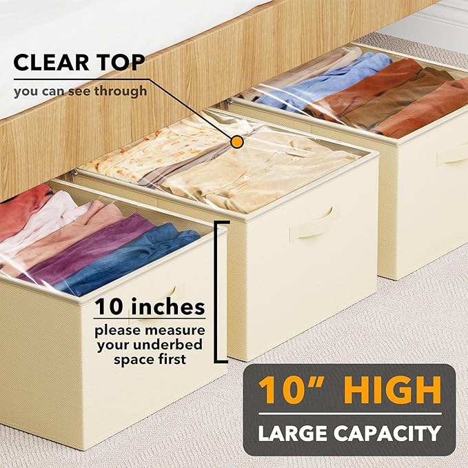 SpaceAid 3 Pack 10" High Under Bed Storage Containers, Large Underbed Storage Organizer Bins with Lids for Bedroom, Dorm, Clothes, Closet Organization, Bed Sheets and Blankets (Beige)
