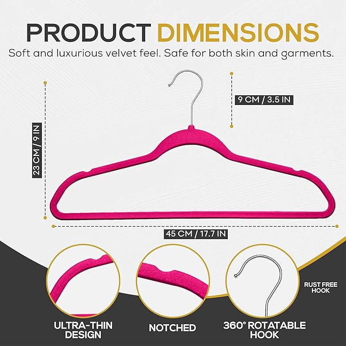 Premium Velvet Hangers 50 Pack Ultra Thin Non Slip Adult Felt Space Saving Suit Hanger for Closet Heavy Duty Coat Pants Jackets Dress Hangers 360° Swivel Hook Hold Upto 10 lbs Dark Pink