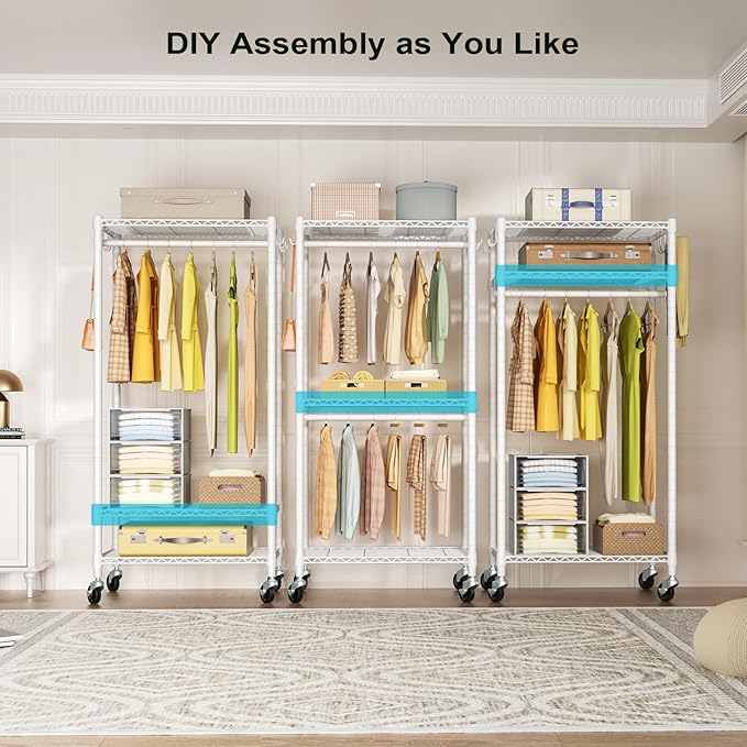 FUTASSI P3 Mini Rolling Clothes Rack, Clothing Racks for Hanging Clothes, Heavy Duty Garment Rack, Freestanding Portable Closet Rack 23.6'' W x 14'' D x 78.5'' H, Max Load 430 Lbs, White