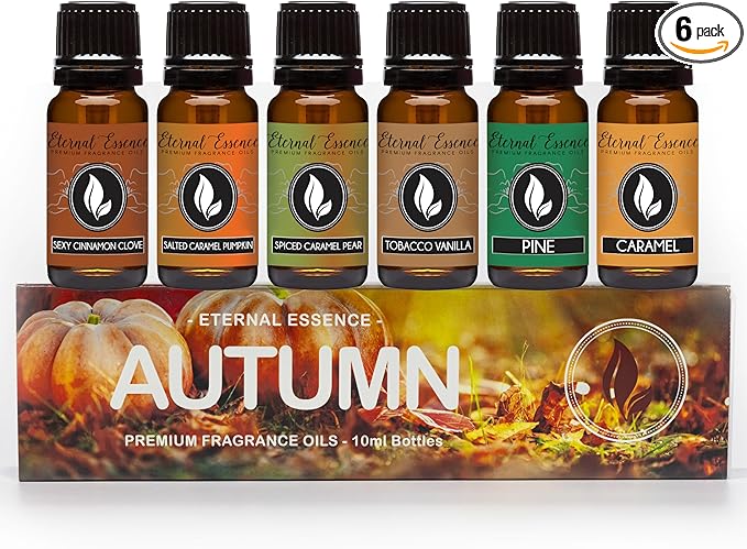Eternal Essence Oils Autumn Set of 6 Premium Fragrance Oils - Includes Sexy Cinnamon Clove, Salted Caramel Pumpkin, Spiced Caramel Pear, Tobacco Vanilla, Pine, and Caramel Scented Oils - 10ML