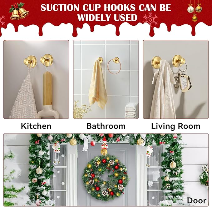 2 Pack Suction Cup Wreath Hangers for Front Door Garland Hanger 11 Lb -22 Lb Suction Wreath Hanger for Glass Door No Drill Suction Hooks for Bathroom Halloween Christmas Decorations (Gold)