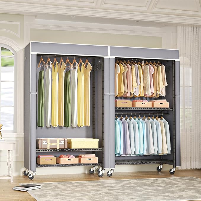 FUTASSI Black Clothing Rack with Grey Cover, P1C Rolling Closets with Wheels, Metal Garment Rack for Hanging Clothes, Clothing Storage Wardrobe, 36.2" W x 16.5" D x 80.5" H, Load 450 Pounds