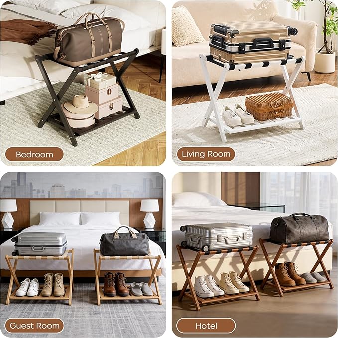 Fully Assembled Walnut Luggage Racks Set of 2, Bamboo Luggage Rack Stand for Guest Room, 5 Nylon Straps, 26.77" Folding Suitcase Stand with Storage Shelf for Bedroom Hotel, Holds up to 165 Lbs