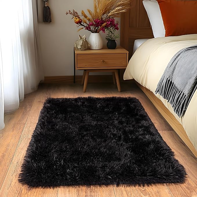 Small Black Area Rug, 2x3 Rug for Bedroom Shaggy Throw Rugs for Dorm Rug, Soft Shag Carpet for Kids Room, Plush Comfy Fluffy Bedside Rug for Home Decor Aesthetic