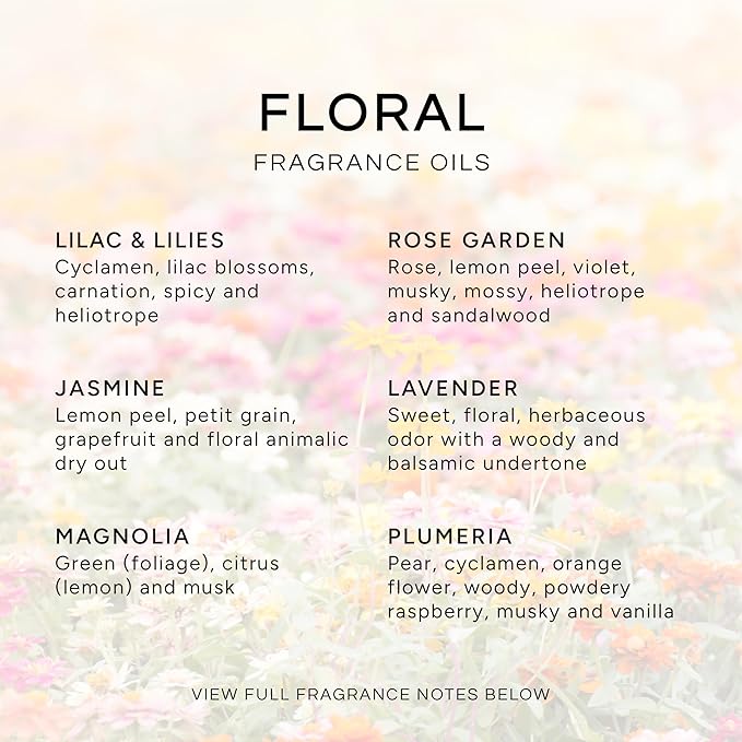 Eternal Essence Oils Floral Set of 6 Premium Fragrance Oils - Lavender, Lilac Lillies, Jasmine, Plumeria, Rose Garden, Magnolia Scented Oil - for Diffusers, Candle & Soap Making, & Aromatherapy