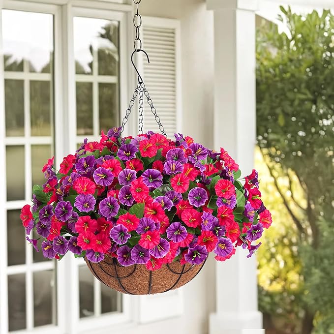 Artificial Fake Hanging Flowers with Basket, Faux Silk Morning Glory Flower Arrangement for Spring Summer Decor, Hanging Plant for Patio Garden Porch Outdoor Decor