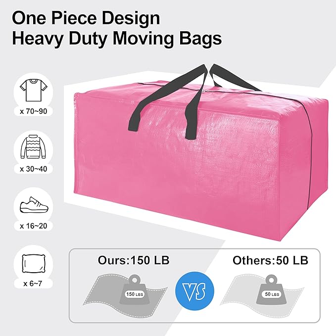 6 Pack Heavy Duty Extra Large Moving Bags W/Backpack Straps - Strong Handles & Zippers, Storage Totes For Space Saving, Fold Flat, Alternative to Box and Bin (40 gal, Pink)