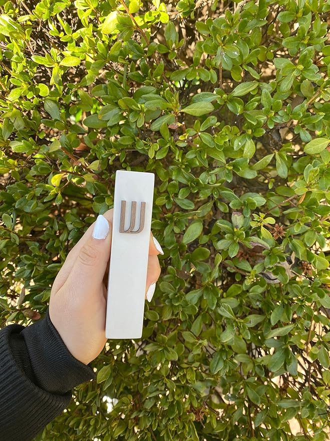 A&S Mezuzot Modern Concrete Mezuzah Case with Scroll, Easy Peel and Stick Mezuza (White+ Wood Shin, 5 Inches)