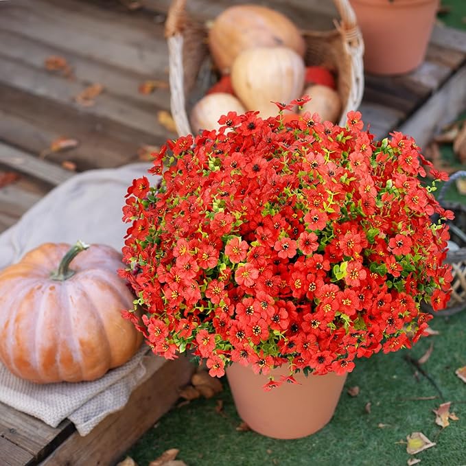 24 Bundles Artificial Flowers for Outdoors Decorations, Fake Flowers Artificial Plants Outdoor, Colorful Daisy Eucalyptus Realistic UV Resistant for Garden Patio Porch Home Decor, Red