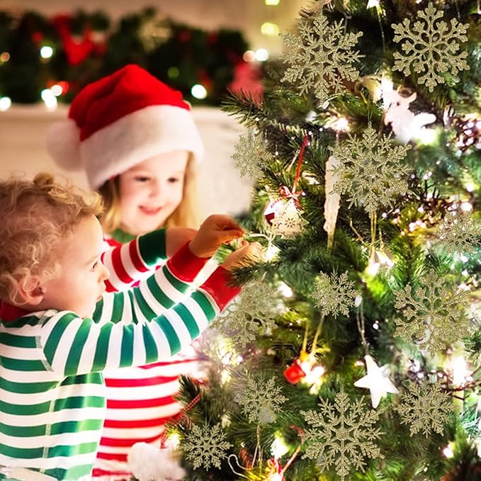 36pcs Christmas Gold Snowflake Ornaments Plastic Glitter Snow Flakes Ornaments for Winter Christmas Tree Decorations Size Varies Craft Snowflakes