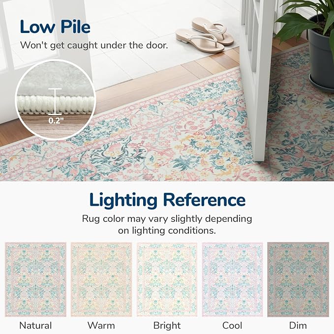 Lessymo 9x12 Washable Rug for Living Room, Soft Pink Area Rugs for Bedroom Dining Room Nursery, Boho Non Slip Forest Design Large Carpet Distressed Retro Indoor, Pink Green
