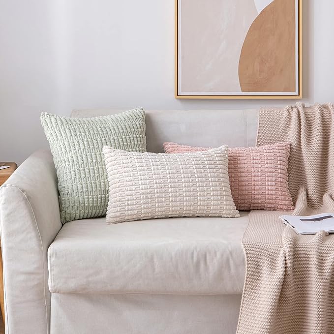 MIULEE Pack of 2 Corduroy Decorative Lumbar Throw Pillow Covers 24x14 Inch Soft Boho Striped Pillow Covers Modern Farmhouse Home Decor for Sofa Living Room Couch Bed Cream White
