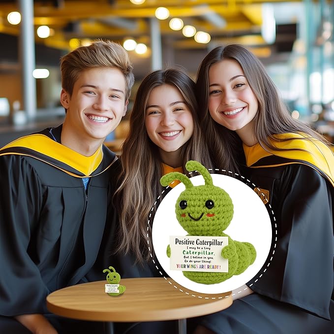 Mini Positive Christmas Caterpillar Gift – Cute Crochet Encouragement Gift for Kids, Students, Friends, Teachers Coworkers – Tiny Plush Bug with Card – Back to School, Just Because Present