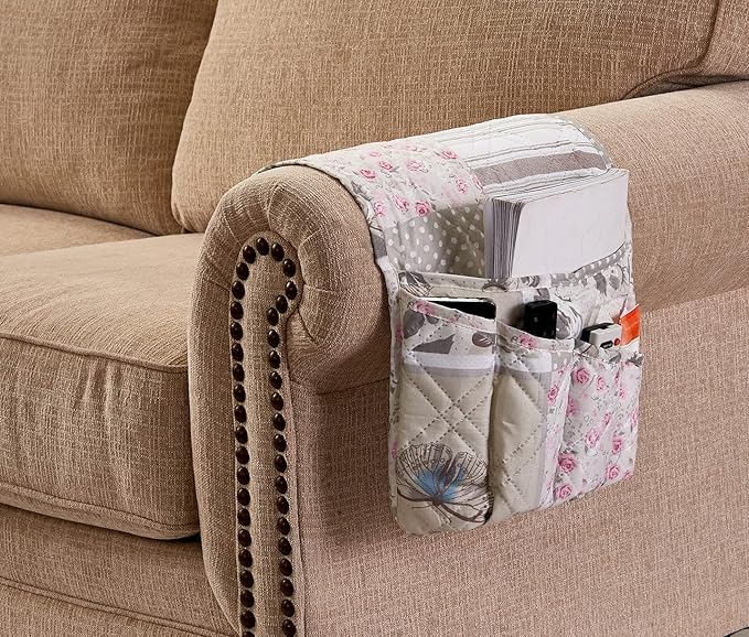 Brilliant Sunshine Grey Cupid and Pink Rose Patchwork Sofa Armrest 5 Pockets Organizer, Slip Resistant Armchair Caddy, Washable Remote Controls Holder, Storage for Magazine, Tablet, 35×13",Pink Grey