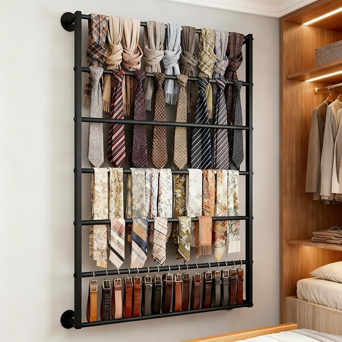 Wall Mounted Display Rack, 7-Layer Wrapping Paper Ribbon Organizer Scarves Tie & Scarf Rack Belts Towel Holder Necktie Hijab Stand Metal Shelving for Home, Retail Stores, Flower Shop