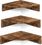 Homode Corner Shelf Wall Mount, Set of 3 Floating Corner Shelves with Cord Hole, 3 Tier Wood Wall Display Shelf, Storage for Bathroom Living Room Kitchen Bedroom, Rustic Brown and Black
