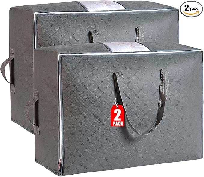 105L Extra Large Storage Bags for Blankets, King Comforters, Bedding, Clothes, Pillows, Sheets - Closet Organizers and Storage with 4 Handles & Clear Window, Foldable & Breathable (Grey, 2pack)