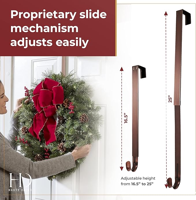 Haute Decor Adapt Adjustable Length Door Wreath Hanger with Interchangeable Icons (Oil-Rubbed Bronze-Reindeer/Pumpkin/Butterfly/Fleur de lis) - 4 Wreath Hangers in 1
