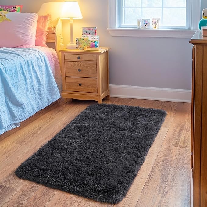 Small Rugs for Bedroom, Fluffy 2x3 Rug Throw Non Slip for Bedside Dorm Kids Room, Plush Comfy Shag Carpet for Home Decor Aesthetic, Charcoal Gray