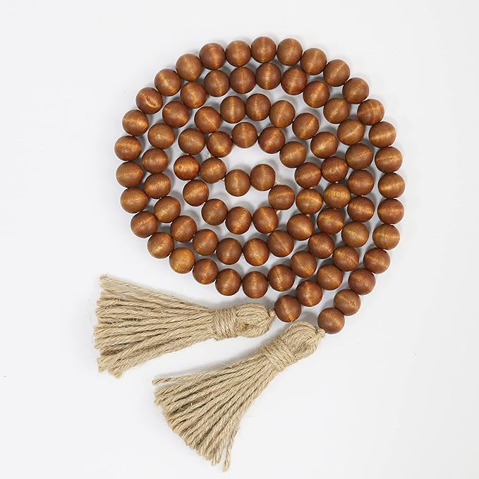 58in Wood Bead Garland with Tassels, Farmhouse Rustic Country Decor Prayer Boho Wall Hanging Decoration (Brown)