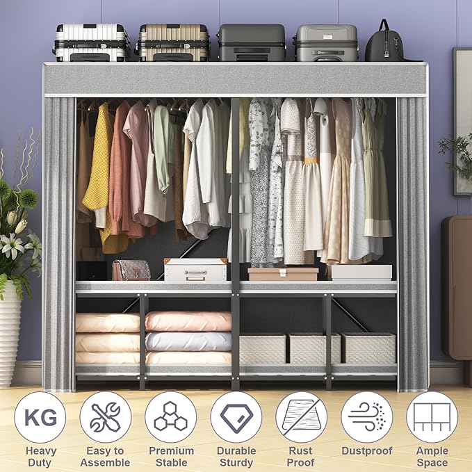 95% Assembled 66" L Clothes Racks for Hanging Clothes, Premium Metal Strong Heavy Duty Clothes Rack with Cover, Portable Foldable Freestanding Garment Rack, Black