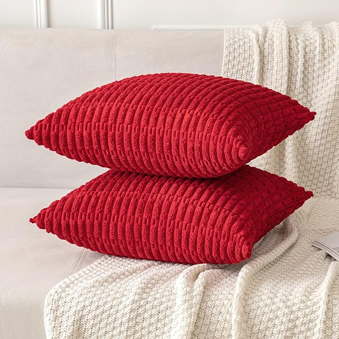 MIULEE Pack of 2 Red Corduroy Decorative Pillow Covers 18x18 Inch Soft Boho Striped Throw Pillow Covers Modern Farmhouse Home Decor for Sofa Living Room Couch Bed
