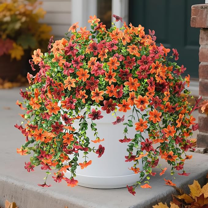 Artificial Faux Mums Fall Hanging Flowers for Outdoor Decoration,2 Pack Fake Silk Plants Daisy Realistic UV Resistant Summer Decor for Home Indoor Porch Patio Balcony Yard Autumn Decor (Brown Orange)