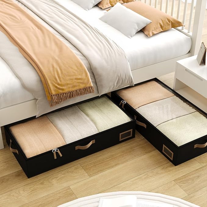 Under Bed Storage, Under Bed Storage Containers Bins for Clothes, Large Linen Underbed Closet Organization Bins, 2 Pack Collapsible Underbed Bin Dorm for Clothes, Sweater, Black