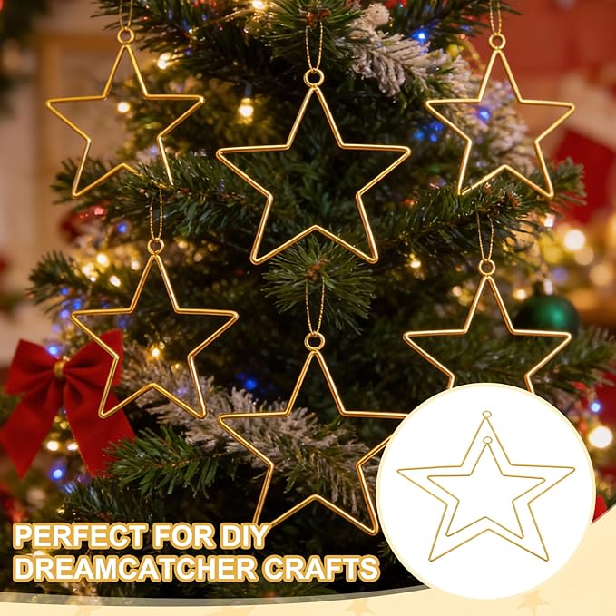 MECCANIXITY 4 Pcs Star Dream Catcher Rings, 12" Dream Catcher Metal Hoops Macrame Wreath Rings Pentagram Floral Hoops for DIY Craft Making Home Wedding Wall Hanging Decoration, Gold