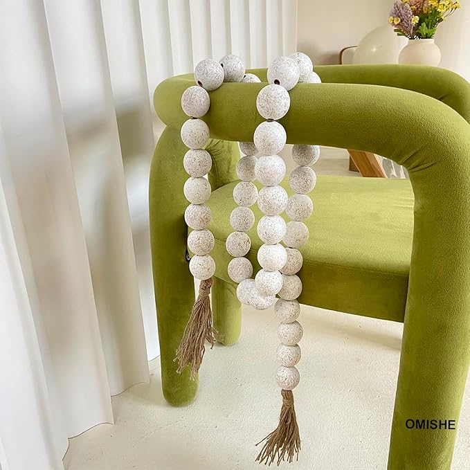 OMISHE 76" Long Extra Large Wood Bead Garland with 1.6" Diameter Wooden Beads and Tassels, Rustic Farmhouse Country Decorative Beads for Home Tiered Tray Decor, Rustic White
